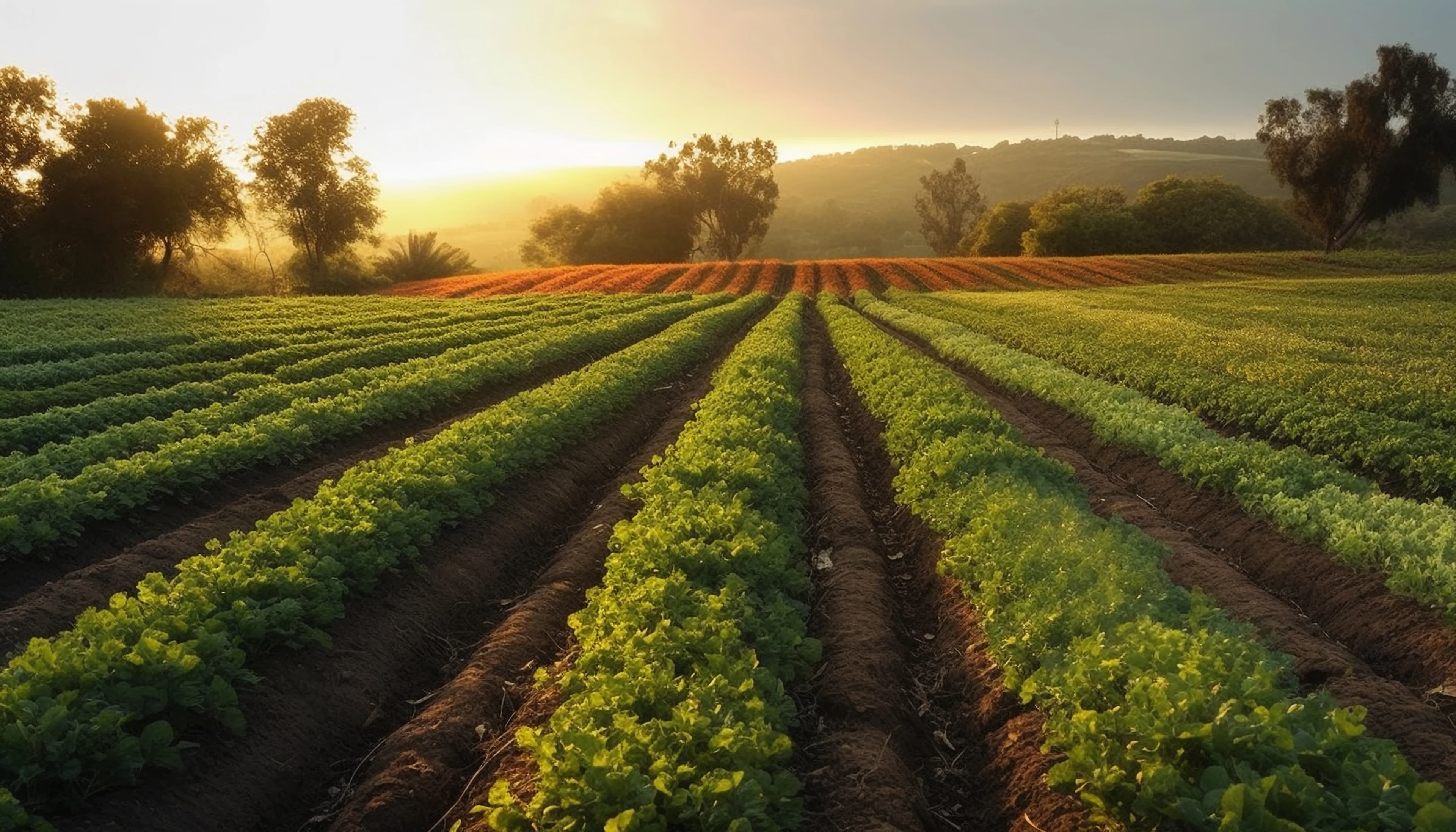 Aerial view of a managed commercial farm with crop rows
